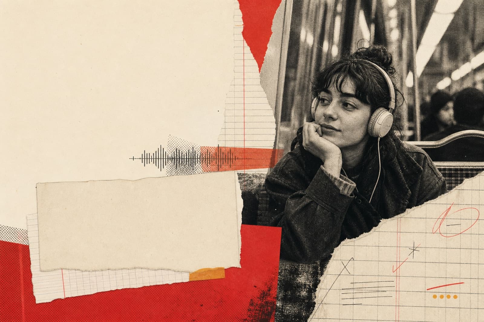 Editorial concept art of a French radio listener with notebook textures